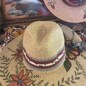 Embroidered Straw Hat with hand painted, no stencils used, Floral Design